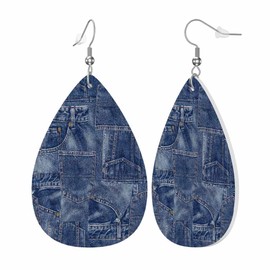 Denim Material Patchwork Teardrop Double-sided Leather Earrings Fabric Apparel Indigo Miscellaneous for Women Fashion and Valentine Birthday Party Gift