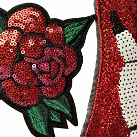 Red Sequins Lip Flower White Star Embroidered Iron On Sew On Badge Applique Patches (Lip has no Glue, only sew on)
