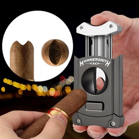 Hammersmith Beast V-Cut Cigar Cutter with Built-in Pull-Out 8mm Punch Cutter, Stainless Steel Blade, Easy Push-Button Spring-Action Release, Perfect Cigar Accessories for Men - Gunmetal Finish