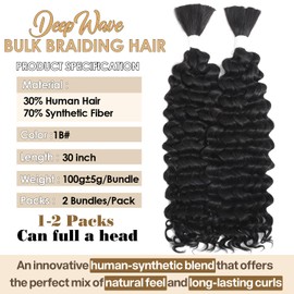 Human Braiding Hair Mix: Synthetic Braiding Hair for Boho Braids, Deep Wave, Bulk 200g, No Weft, Wet & Wavy, 30in (1B)