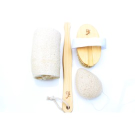 Ive Beauty Collection Natural Boar Bristle Body Dry Brush and Facial Exfoliating Set with Konjac & Loofah, Premium Dry Brushing Body Brush for Complete Skin Exfoliation (White)