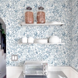 Cohoo Home Blue White Peel and Stick Wallpaper Blue Floral Contact Paper for Cabinets Drawers 17.3inW 393inL Self-Adhesive Removable Wallpaper Shelf Liner Bedroom Bathroom Waterproof Neutral Farmhouse