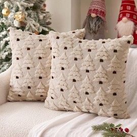 MIULEE Christmas Tree Decorative Pillow Covers Faux Fur Wool Throw Pillows Soft Plush Cushion Covers Set of 2 Xmas Home Decor Winter Holiday for Sofa Couch Livingroom Bed 20x20 Inch Beige