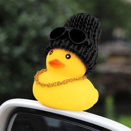 wonuu Car Rubber Duck, Yellow Duck Decoration Dashboard with Sun Hat Necklace Sunglasses for Car Dashboard Decorations, B-Duck-Black Knit hat