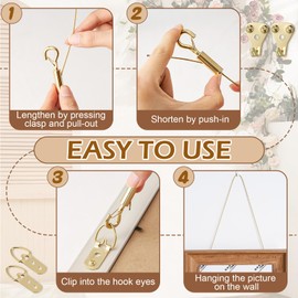 Otoolling 10 Set Picture Wire Hanging Kit, Supports up to 50lbs Adjustable 4.9ft Picture Wire with Hanging Hooks & D Rings & Screws for Canvas, Frames, Mirrors, Billboards (Gold)
