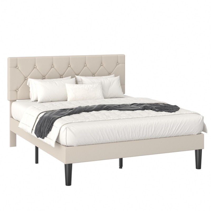 VECELO Queen Size Bed Frame with Button Tufted Headboard, Upholstered