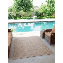 RUGGERRUGS Diana Textured Foldable Beige Indoor Outdoor Rug, 5x7, Weather Resistant, Easy Clean, UV Resistant, Modern Bordered Patio Carpet for Porch, Deck, Backyard, Living Room (5' x 7', Beige)