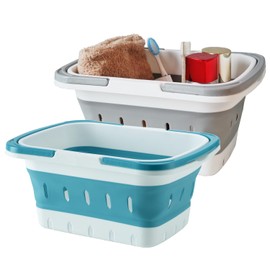 MINDFARGE Portable Folding Plastic Bath Caddy with Handle, Perforated, Travel Bathroom Organizer for Bedroom, Bathroom, Shower, Dorm Room, Camping and RV Use (Grey/Blue, 2 pack)