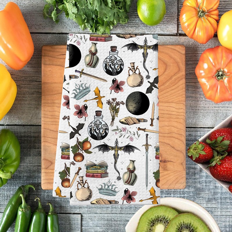 PXTIDY Küchentuch, Motiv: 4. Flügel, Motiv: Drachen und Blumenmuster, saugfähig,