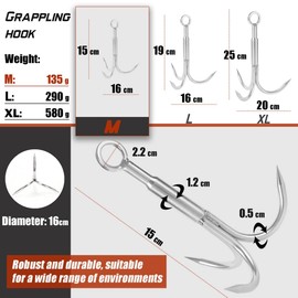 PIOSRTRR Grapple Hook with Rope-Includes Nylon Rope 6mm x 15M,Functional Grappling Hook and Double Carabiner,for Magnet Fishing/Drag/Tree Work