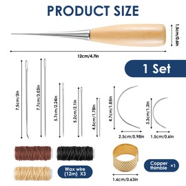 12Pcs Leather Sewing Needle 12m Waxed Thread Kit Upholstery Sewing Kit Cord Drilling Awl Thimble Curved Needle for DIY Crafts Leather Canvas Repair Hand Stitching Embroidery Bookbinding