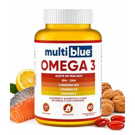 MultiBlue - Omega 3 Salmon Oil 60 Capsulas | Con Aceite de Pescado, EPA, DHA, CoQ10, Vitamina D3 y E | Sin Gluten, 100% Naturales, Libres de OMG | Cer