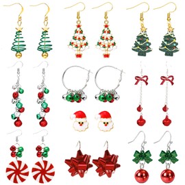 Frodete Christmas Earrings Set for Women Holiday Earrings Christmas Tree Jingle Bell Bow Earrings Snowflake Candy Cane Dangle Earrings Jewelry Costume Outfit Accessories