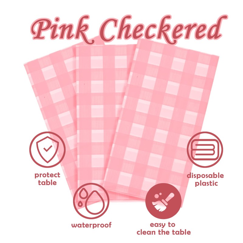 Vedran 4 Pack Pink Gingham Tablecloth Decorations, Pink and White