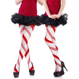 SATINIOR 2 Pairs Christmas Striped Tights Full Length Red and White Striped Tights Candy Cane Snowflake Stocking Spandex Leggings Tights Thigh High Stocking for Women