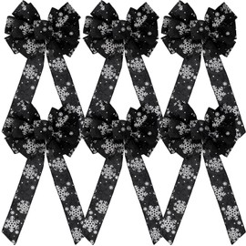Unittype 6 Pcs Large Christmas Bow with Snowflake 10 x 20" Velvet Wired Ribbon Bows Christmas Tree Topper Bow Xmas Craft Bows for Wreath Christmas Party Indoor Outdoor Home Decoration (Black)