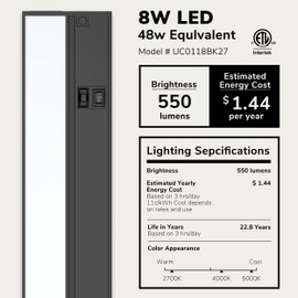 LAGOM 18" Direct Wire Dimmable LED Under Cabinet Lights, Selectable 2700K/4000K/5000K, Selectable Brightness, Black Finish, UC0118BK27