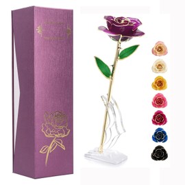 Ejoyous - Rosa morada con soporte, tallo largo, para siempre, flor de rosa para ella y esposa, madre novia en el día de San Valentín, cumpleaños, Navidad, aniversario, día de la madre
