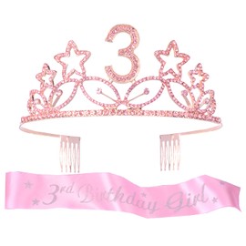 3rd Birthday Sash and Tiara for Girls - Fabulous Glitter Sash + Stars Rhinestone Gold Premium Metal Tiara for Girls, 3rd Birthday Gifts for Princess Party