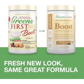 Greens First Boost - Plant-Based Protein & Balanced Nutrition - Superfood Shake Mix - No Wheat or Soy - Dairy-Free - Vegan - French Vanilla, 12.06 oz.