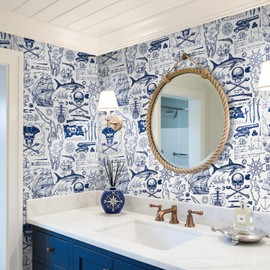 ReWallpaper Nautical Wallpaper Peel and Stick Blue and White Coastal Wallpaper for Bathroom Waterproof Pirate Map Wall Mural Self Adhesive Wall Paper for Furniture Kids Room Boys Bedroom 17.5inX10ft