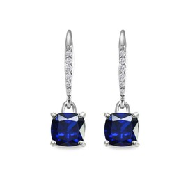 Sterling Silver Created Blue Sapphire & Cubic Zirconia 7mm Cushion-Cut Solitaire Dangle Leverback Earrings