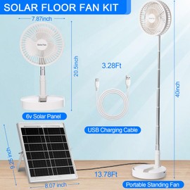 Aurelema Solar Battery-operated Portable Standing Fan with Solar Panel, 8" Rechargeable USB Telescopic Foldable Pedestal Desk Fan, 5200mah Battery, Adjustable Height, 3 Speeds, for Bedroom Home
