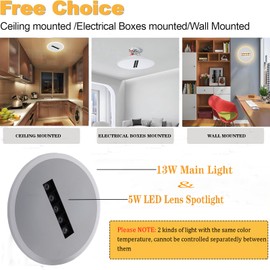 Kawell Creative 13W Close to Ceiling Light with 5W Spotlight 9.4 Inch LED Ceiling Light Hardwired Acrylic LED Ceiling Lamp Indoor for Hallway Bedroom Study Living Room, White(Warm White)