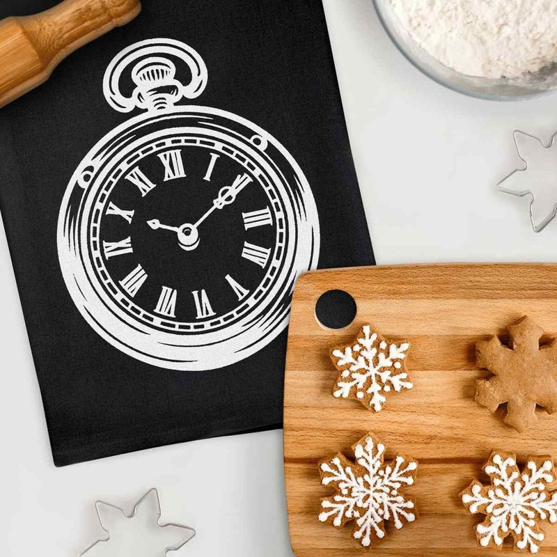 Azeeda 'Vintage Taschenuhr' Schwarzes Baumwoll-Geschirrtuch (TW00056845)