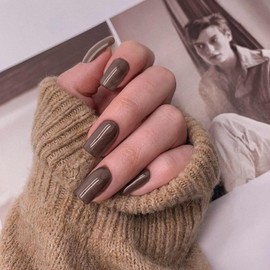 Brown Press on Nails Short Medium Square Glue on Nails Set,Xcreando Summer Square Fake Nails Short Coffin Nails Press ons Gel Nails Medium Length False Nails For Women 24 Pcs