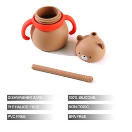 PandaEar Baby Silicone Drinking Training Cup with Handles& Straw, BPA-Free, Leak-Proof for Infants and Toddlers 6.8 oz (Brown Bear)