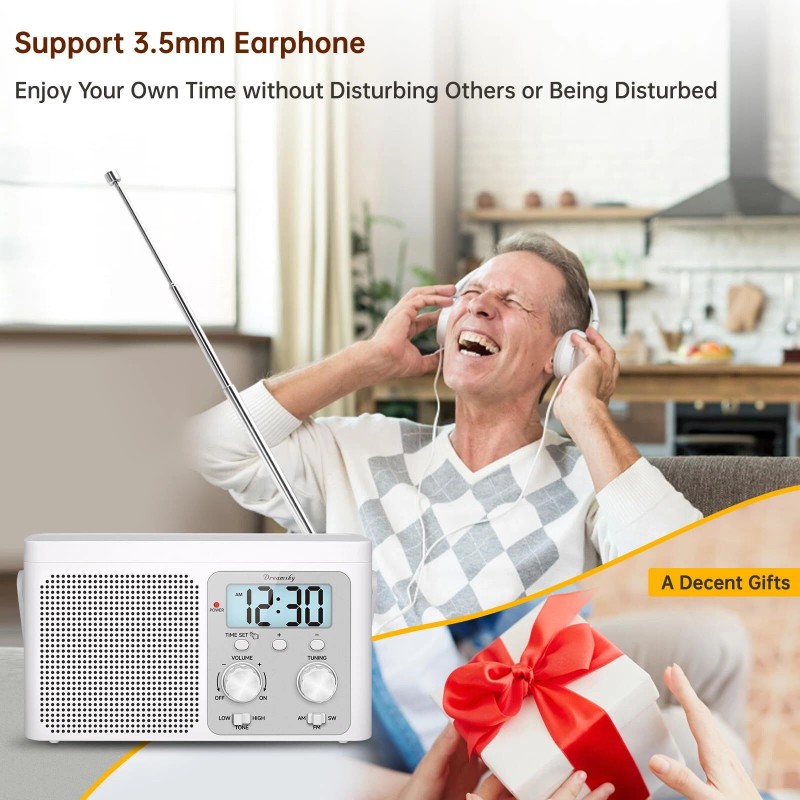 DreamSky Portable AM/FM Radio with Digital Display Battery or Plug-in