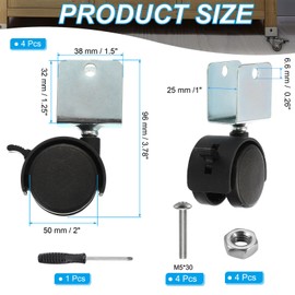 PATIKIL 2" Swivel Caster with 1" U Bracket, 4 Pack 360° Rotation Swivel No Noise Wheel with Brake Total 132 Lbs Galvanized Surface Caster for Furniture Legs