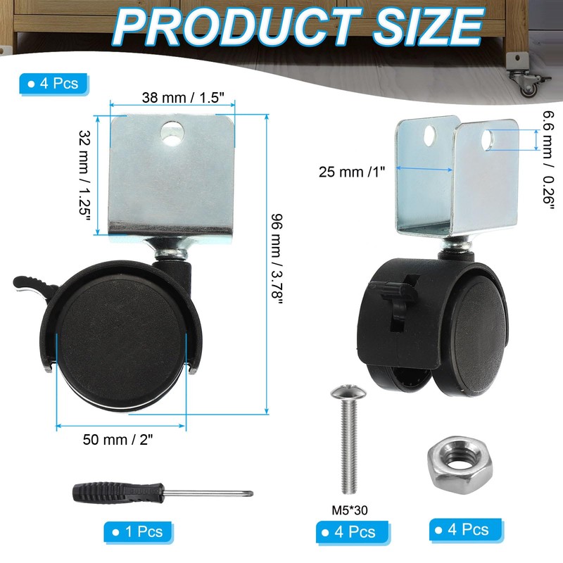 PATIKIL 2" Swivel Caster with 1" U Bracket, 4 Pack
