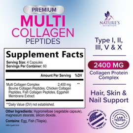 Multi Collagen Supplement 2400 mg - Types I, II, III, V & X Multi Collagen Peptides Pills for Women & Men, Hydrolyzed Collagen Supplements, Hair, Skin, Nail, & Joint Support Supplement - 240 Capsules
