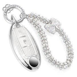 CTRINEWS for Nissan Key Fob Cover with Fashionable Zirconia Wristlet KeyChain, Enchanting Diamond Patterns Soft Case for Altima Sentra Maxima Rogue Armada (3 Button) (White, A)