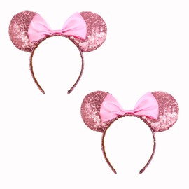 YUESUO Mouse Ears Headband, Sequin Bow Hair Hoop Set of 2 Pcs Headband Mouse Party Decoration Costume Ears Headband for Children Women Girls (Pink Sequin Ears with Pink Bow)