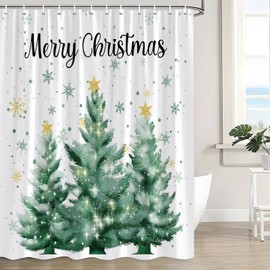 UPUMKSK Green Christmas Tree Shower Curtain Cute Pine Trees Snowflake Xmas Holiday Snowy Winter Forest Happy New Year Bath Curtain with Hooks