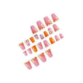 Orange French Tips Press on Nails Medium Duck False Nails with White Bow Charm Design Glossy Orange Fake Nails Star Flower Rhinestone Stick on Nails Summer Glue on Nails for Women Girls Manicure 24Pcs