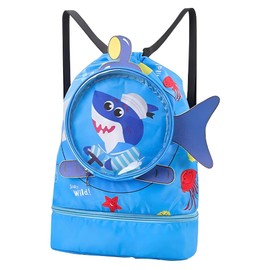 Children's Swimming Bag, Cute Animal Beach Backpack, Dry-Wet Separation Cartoon Children's Beach Bag, Waterproof Pool Bag with Shoe Compartment, Cartoon Swimming Bags for Kids (Shark-Blue)