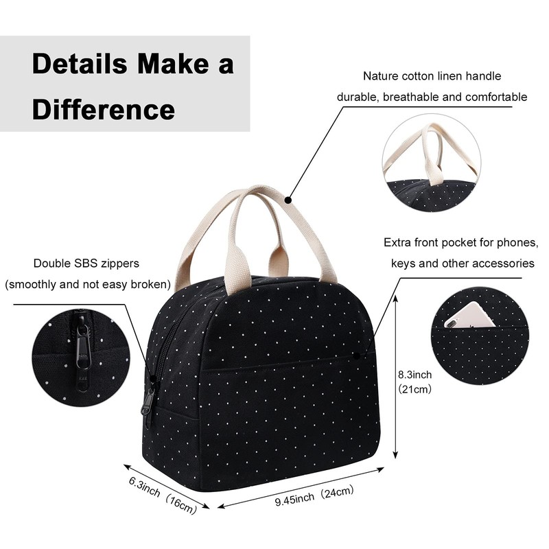 EurCross Upgraded Compact Black Lunch Bag for Girls Women,Canvas Reusable