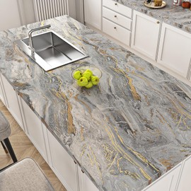 FunStick 36"x200" Wide Grey Gold Marble Contact Paper Peel and Stick Countertop Contact Paper for Kitchen Waterproof Removable Marble Peel and Stick Wallpaper for Bathroom Counter Top Cabinets Vinyl