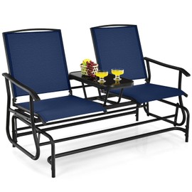 Tangkula 2 Person Swing Glider Chair, Patio Rocking Loveseat w/Center Tempered Glass Table, Outdoor Swing Bench w/Steel Frame & Breathable Mesh Fabric for Porch, Balcony, Poolside (Navy)