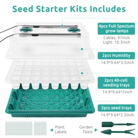 Seedfactor 2 Packs Seed Starter Tray with Grow Light, 40-Cell Seedling Starter Trays Kit with Automatic Timer, Adjustable Light, Full Spectrum, Humidity Dome, Seedling Tray for Plants Indoor-Clear