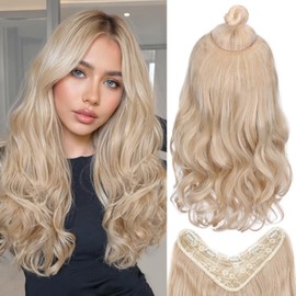 FAVE V-Shaped Clip in Extensions Ash Blonde Hair Extension Wavy Hair Extensions Synthetic One Piece Extensions with 5 Secure Clips Clip in Hair Extensions for Women 20 Inches