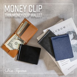 Dom Teporna Men's Money Clip, Cowhide Leather, Thin Bifold Wallet, No Coin Purse, Card Case, 3 Colors Available, saffiano navy