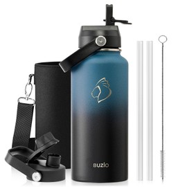 BUZIO Water Bottle with Straw Lid and Flex Cap, 32oz Modern Double Vacuum Stainless Steel Water Flask, Cold for 48 Hrs Hot for 24 Hrs Simple Thermo Canteen Mug, Indigo Black