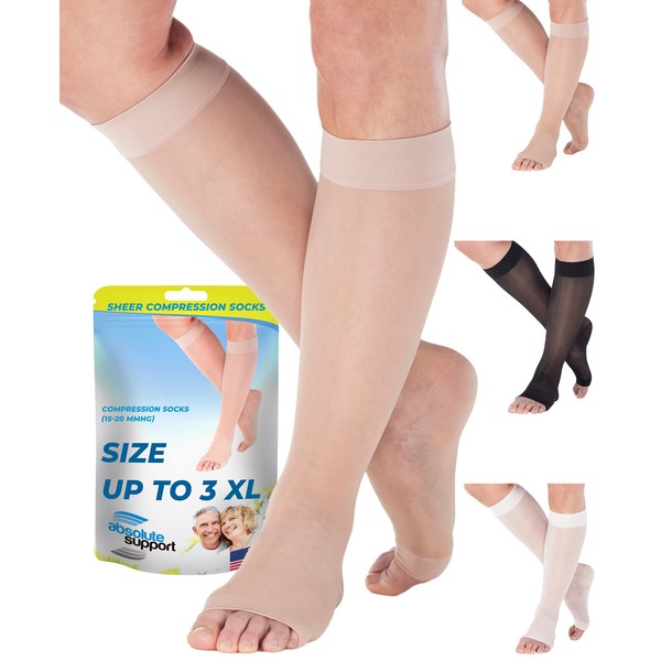 Made in USA - Plus Size Compression Socks for Women with Open Toe 15-20mmHg - Womens Compression Knee High for Varicose Veins Circulation, Blood Clots, Swelling - Nude, 3X-Large - A111NU6