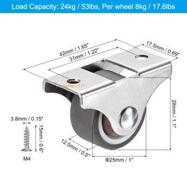 PATIKIL 1" Mini Rigid Fixed Caster Wheels, 4 Pack Silent Plate Casters with M4 Screws Total Load Capacity 53 Lbs for Furniture Workbench Cart Trolley One Direction Rolling, Brown