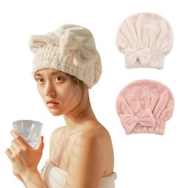 ALLMIRA Towel Cap, Set of 2, Hair Cap, Adult, Water Absorbent, Quick Drying, Hair Drying, Hahoniko, Bath, Bowknot, Hair Towel, Cute, Thick, Hair Dry Cap, Cap Towel, Women's (Pink + White)